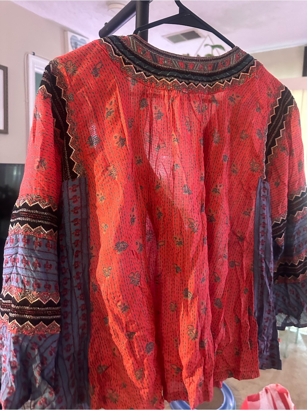Free People Boho Embroidered Tassel Bell Sleeve Peasant Blouse Small S - Picture 4 of 10